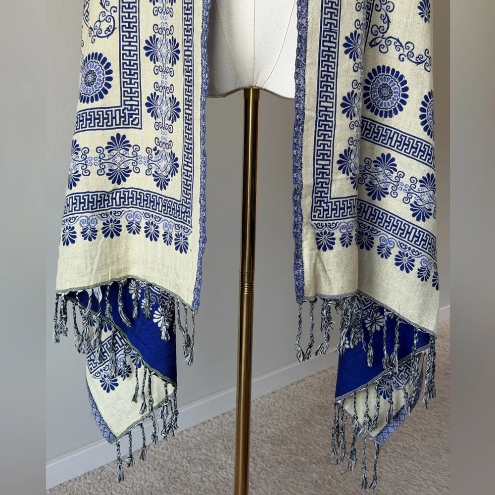 Reversible Mamta Sapphire Blue and Ivory Floral Shawl Scarf with Rhinestones .